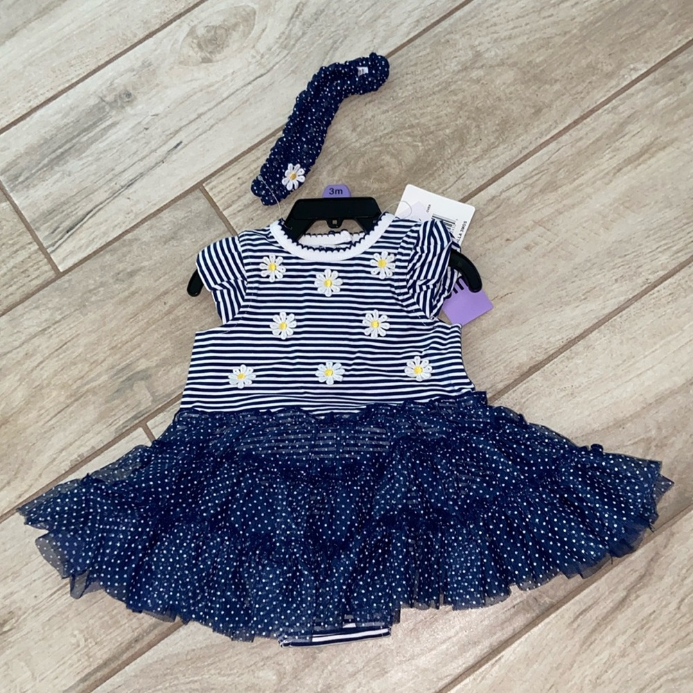 Little Me Girls 3 Months Tulle Dress Blue White Polka Dots Stripes Sunflowers